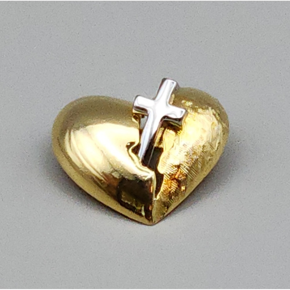 Gold Textured Separated Two Half‎ Broken Heart Brooch With Silver Cross 1"